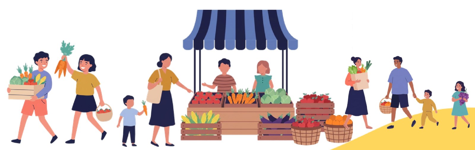 マルシェで野菜を売る子どもたちと、買い物をするお客さんのイラスト